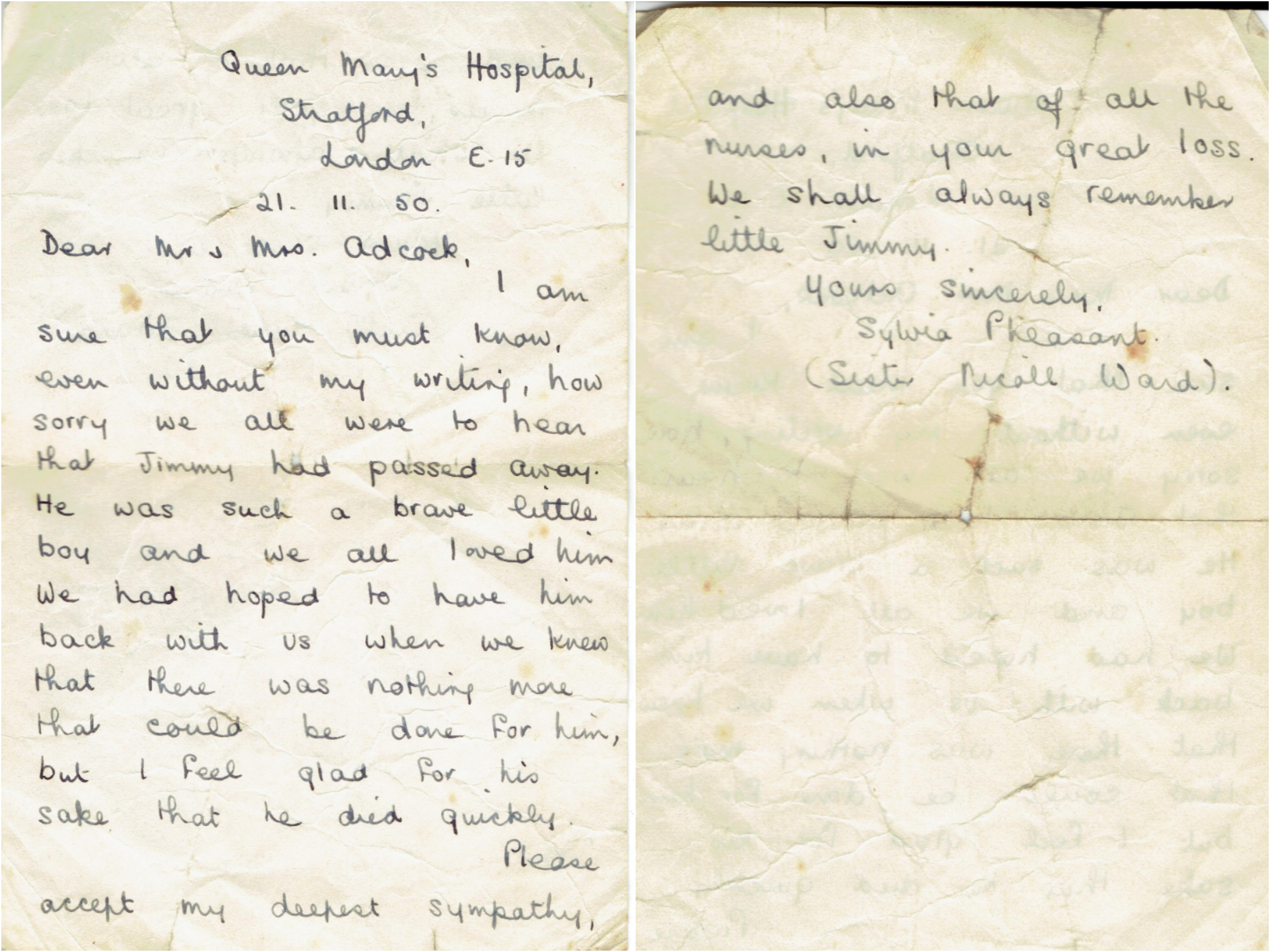 A letter from the nurses who cared for James Arthur Adcock, November 1950.