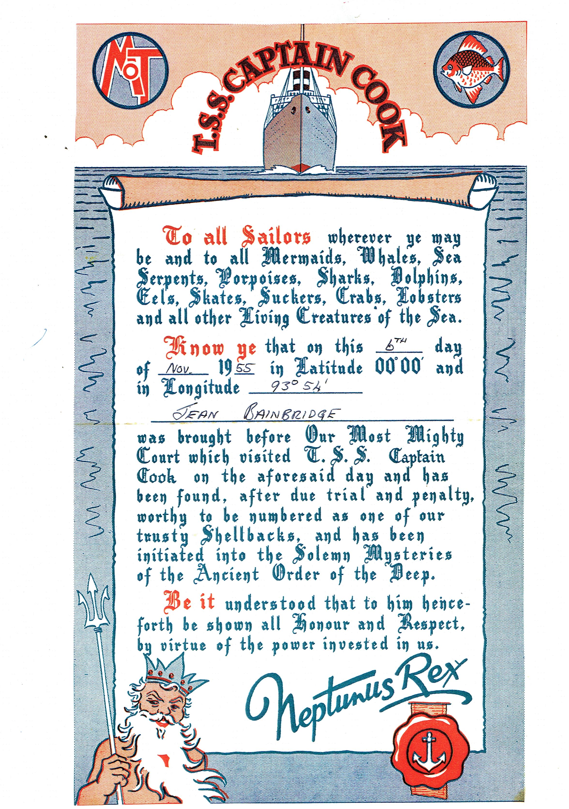 Neptunes certificate to commerate crossing the date line that was given to Ten Pound Poms on board TSS Captain Cook