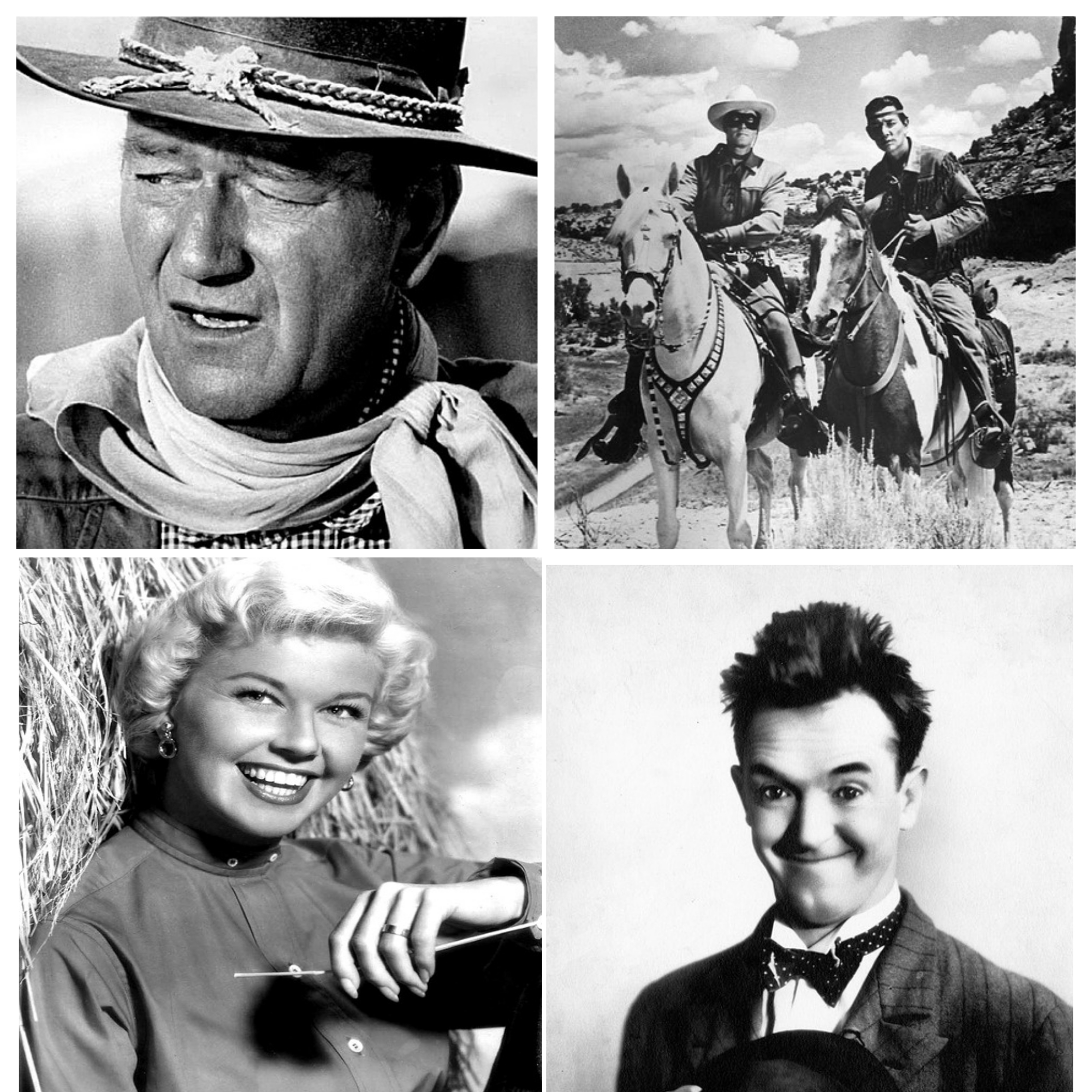 A collage of black & white images. John Wayne, Doris Day, Stan Laurel and The Lone Ranger. Movie idols from my childhood memories of the 1950's