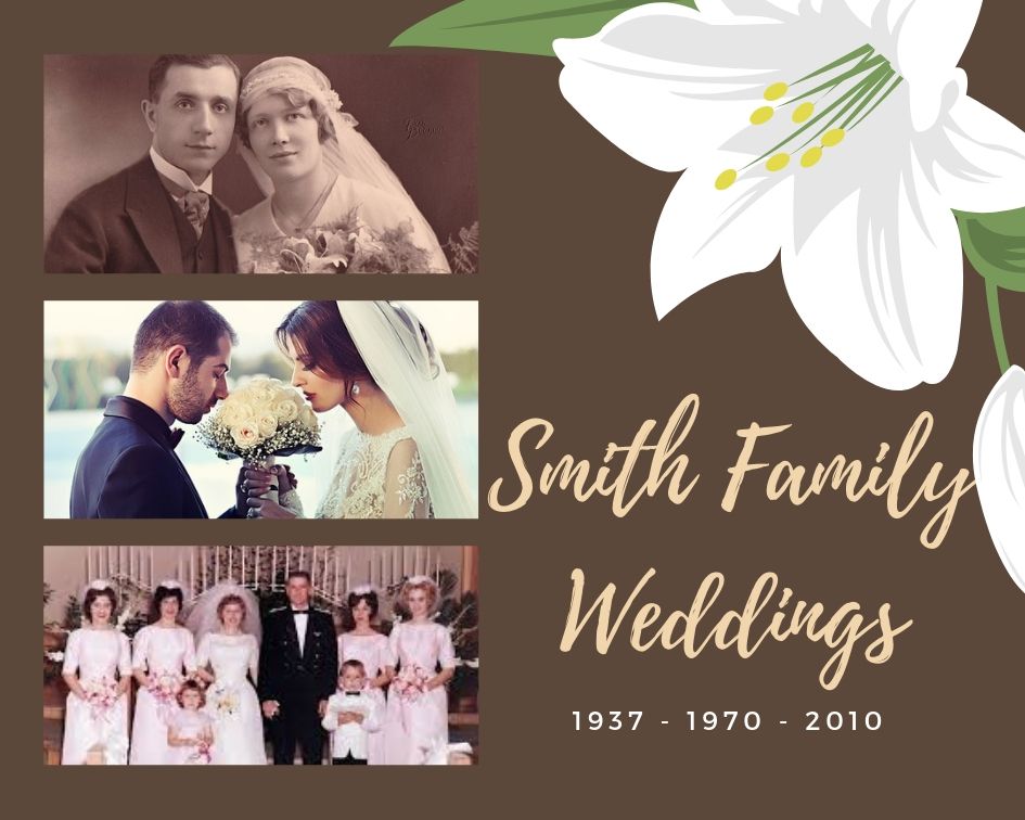 A poster image showing a scrapbooking idea showing a family history through weddings. There are 3 images of wedding couples for the years, 1937, 1970 and 2010