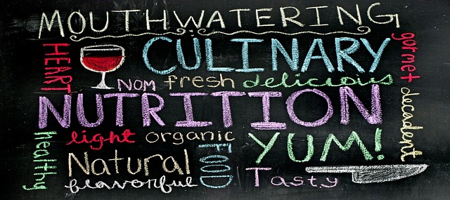 Chalk board with writing, "Mouthwatering, culinary, nutrition, yum, organic, tasty, healthy, gormet,fresh, delicious" on it. Relating to writing Pen Portraits if you have a writers's block.