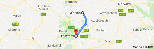 Map showing the distance betwee Watton and Thetford