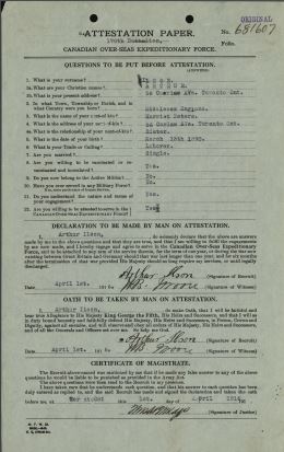 A military record showing the  Attestation paper of the Canadian Expeditionary Forces