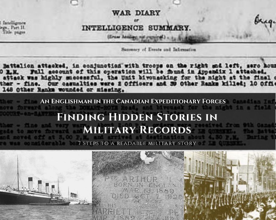 Collage of images depicting world war one. Military records, marching men and troop ships