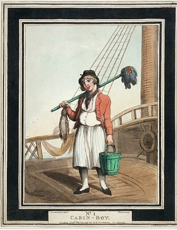 Cabin boy circa 1856. Dressed in shirt & pantaloons, red jacket & carrying a mop & bucket